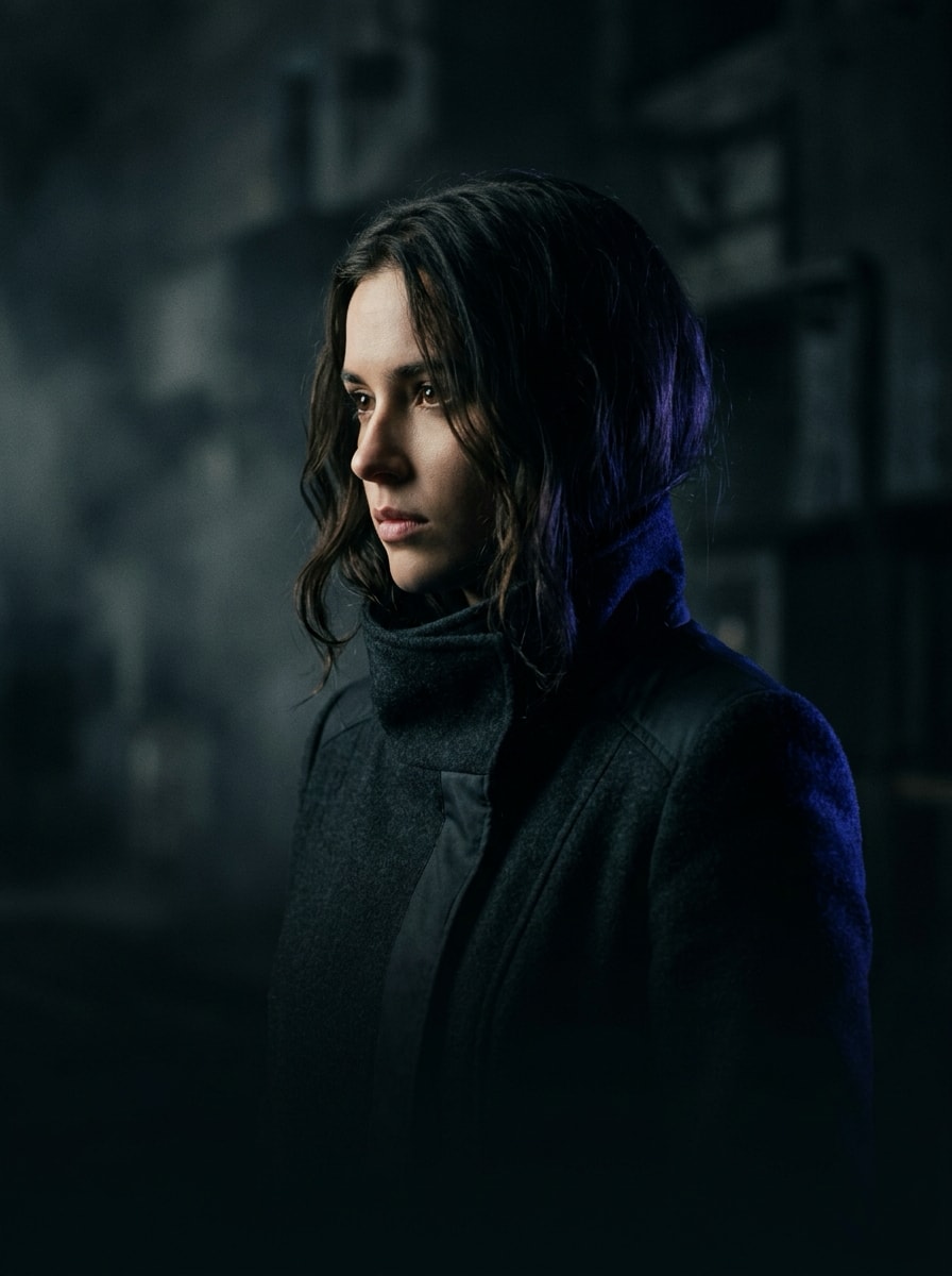 Campaign frame: a woman in a dark coat lit from the side, standing in an unlit street