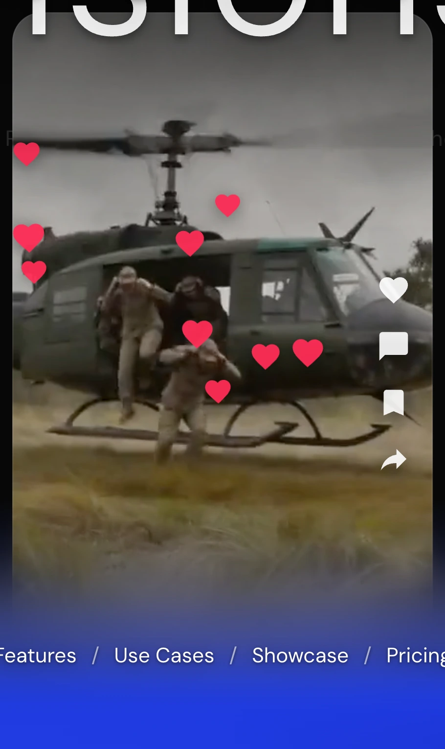 Hearts climbing an arc across the phone-shaped window after a tap