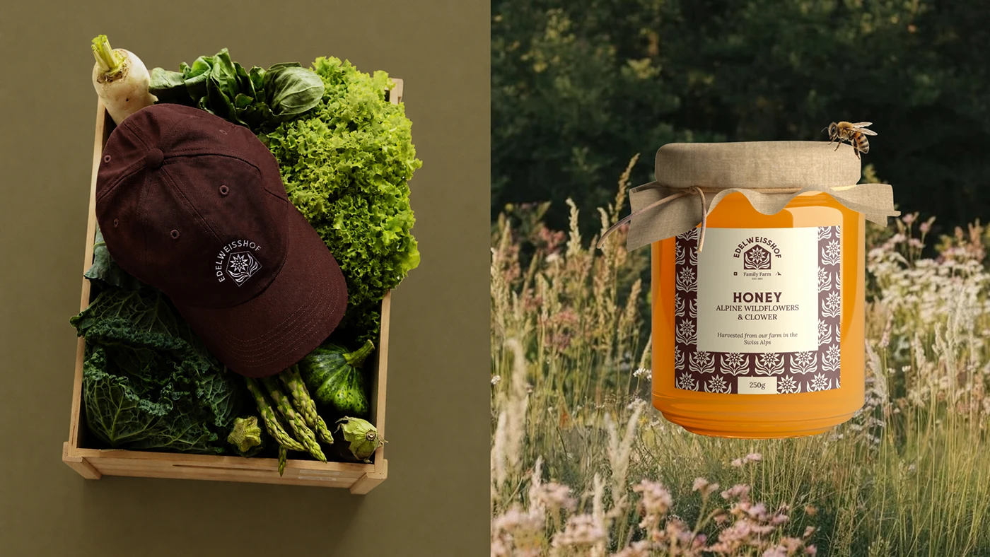 A maroon Edelweisshof cap resting in a crate of lettuces, turnips and asparagus, beside a jar of alpine wildflower and clover honey with a linen-tied lid standing in a meadow