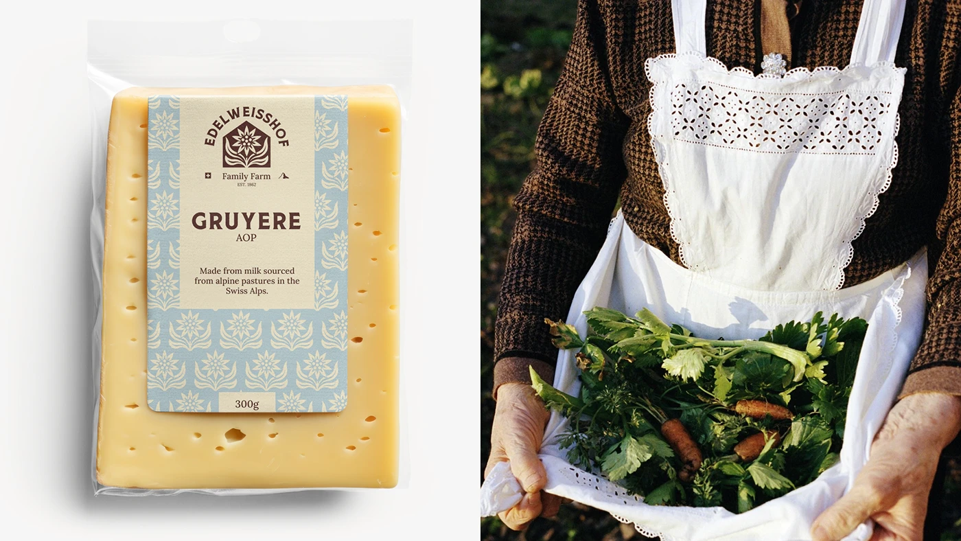 A 300g wedge of Edelweisshof Gruyère in a clear pack with a pale blue patterned label, beside a woman carrying herbs and carrots in a white embroidered apron