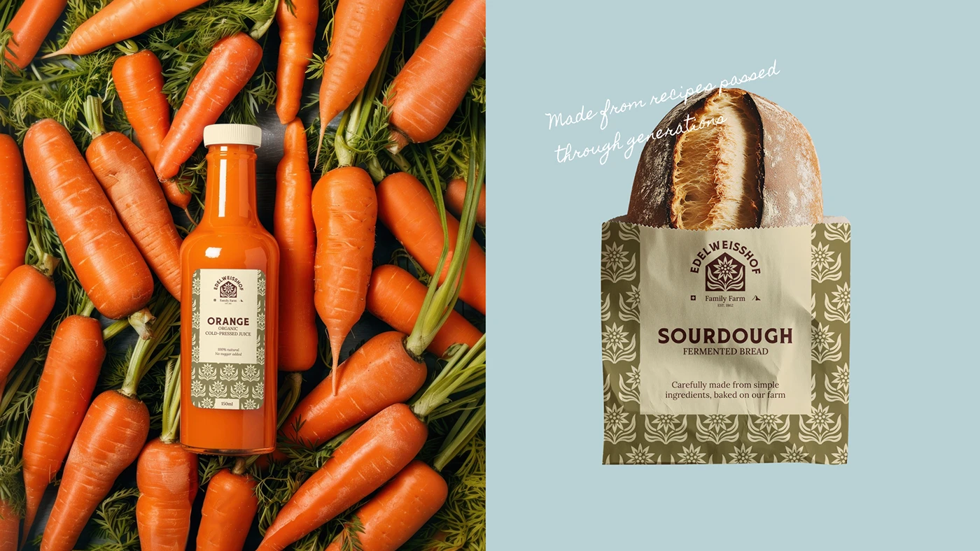 A bottle of Edelweisshof cold-pressed orange juice lying on a bed of carrots, and a sourdough loaf in a patterned moss-green paper bag on a pale blue field
