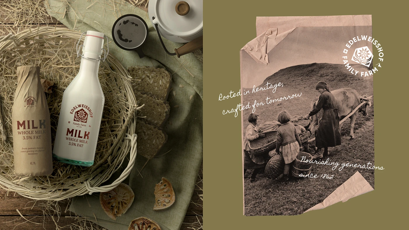 An Edelweisshof whole milk bottle and a paper-wrapped bottle nested in straw beside brown bread, and a sepia archive poster of a family ploughing with an ox, lettered “Rooted in heritage, crafted for tomorrow”