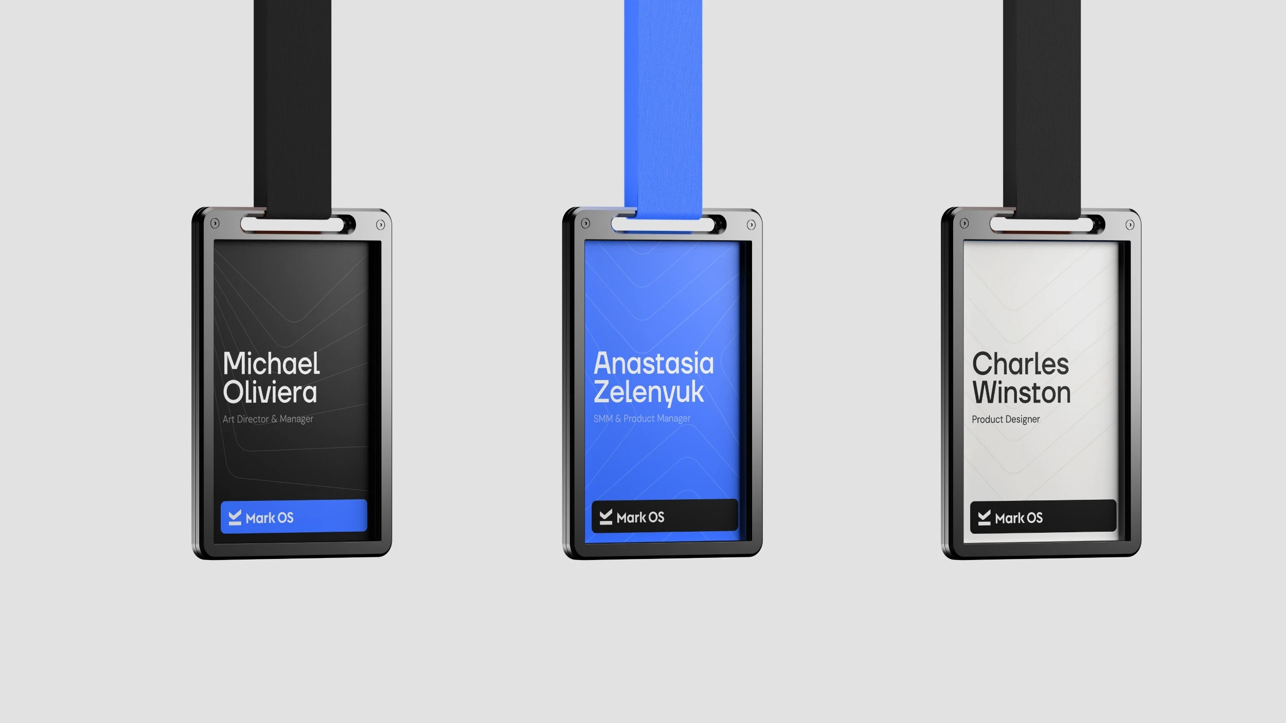Three Mark OS event badges on lanyards, in black, blue and white, each with the logo bar at the foot