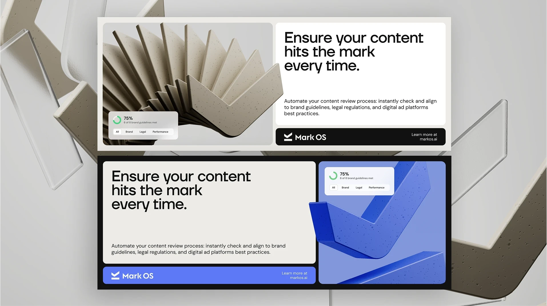 Two Mark OS banner layouts over a pale sculpted backdrop, each pairing the headline with a live brand-guidelines score