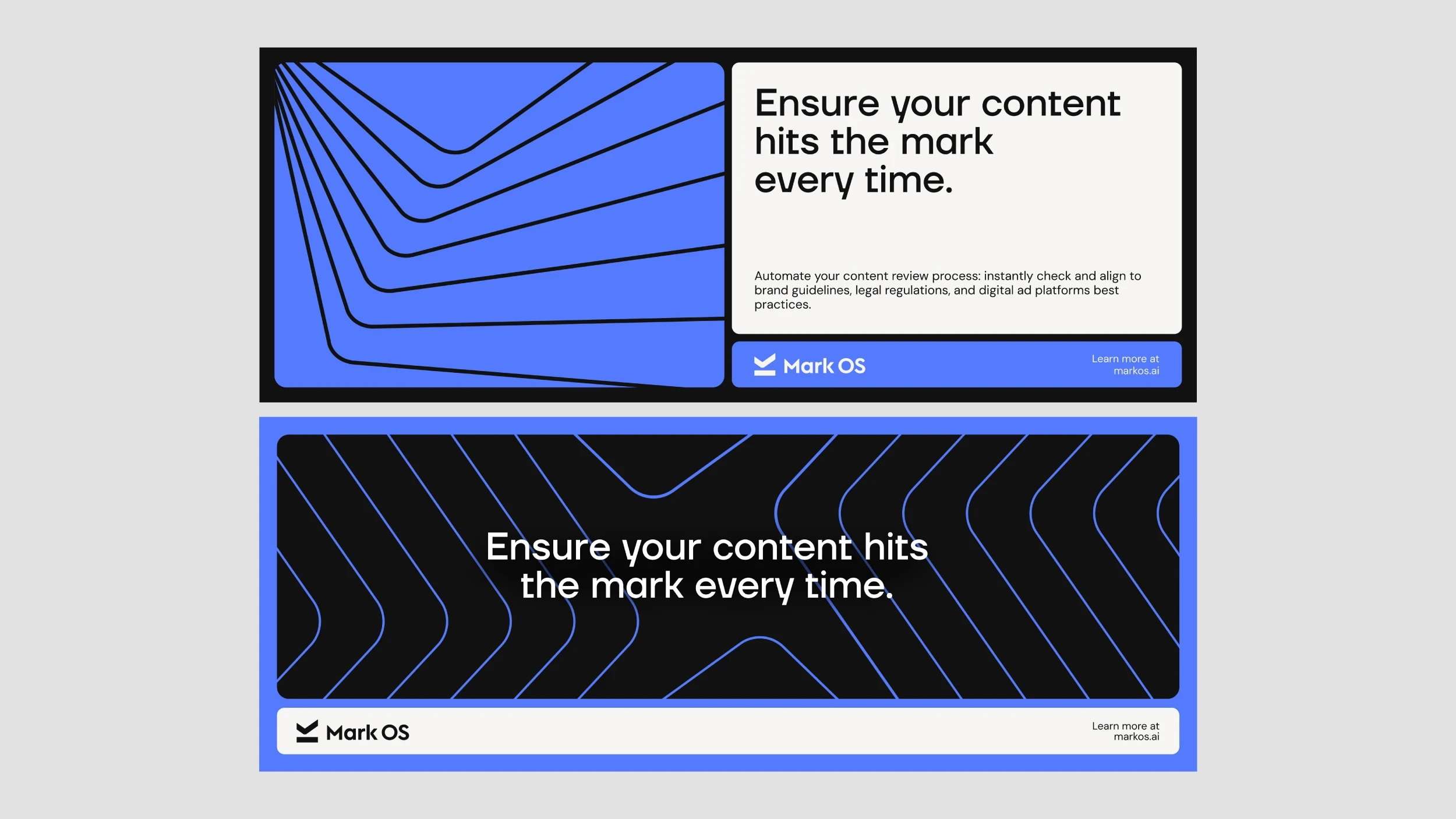 Two Mark OS display units: a light leaderboard with the chevron pattern, and a dark unit carrying the headline across blue linework