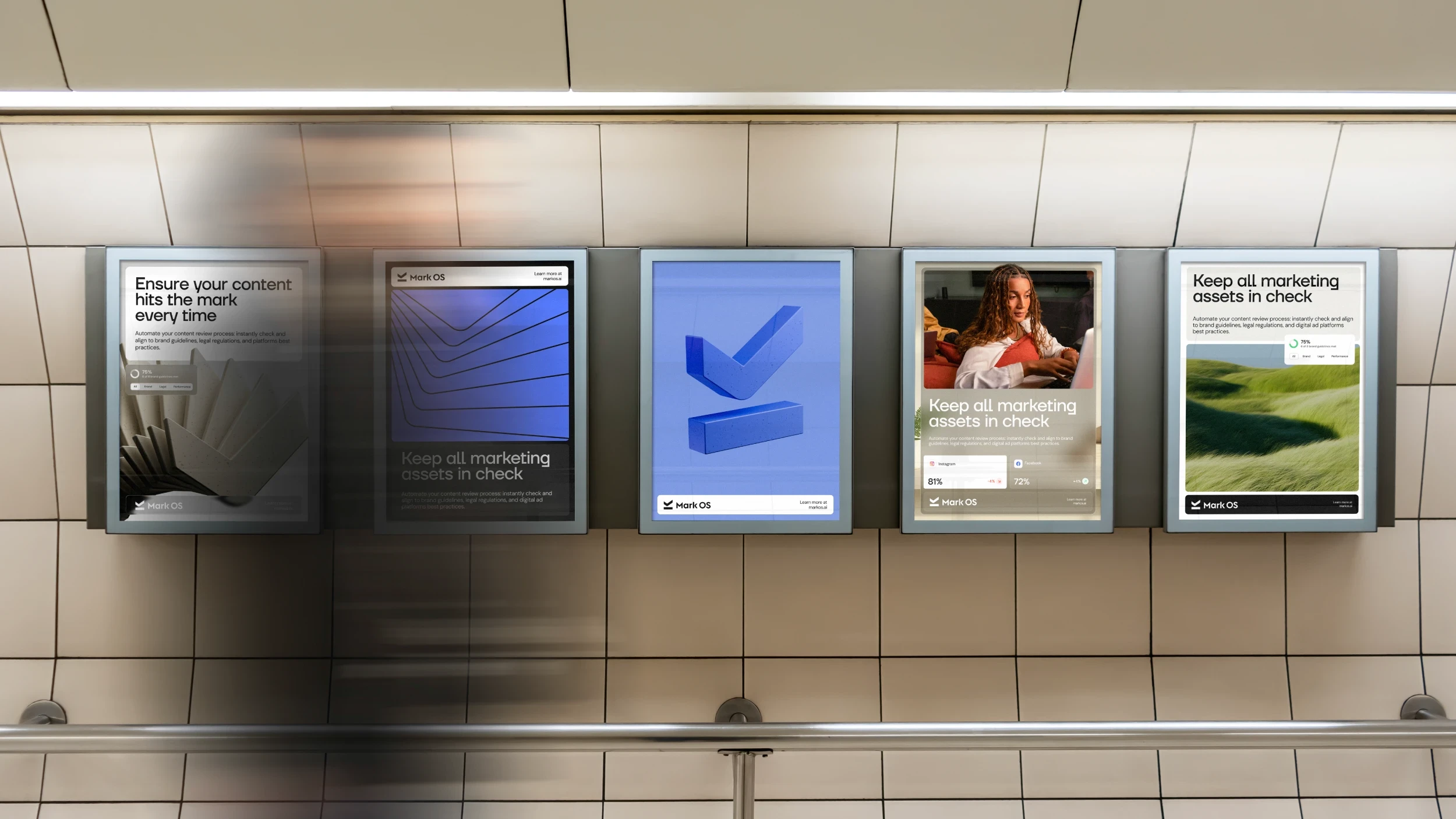 Five Mark OS poster frames along a tiled transit corridor, caught with motion blur