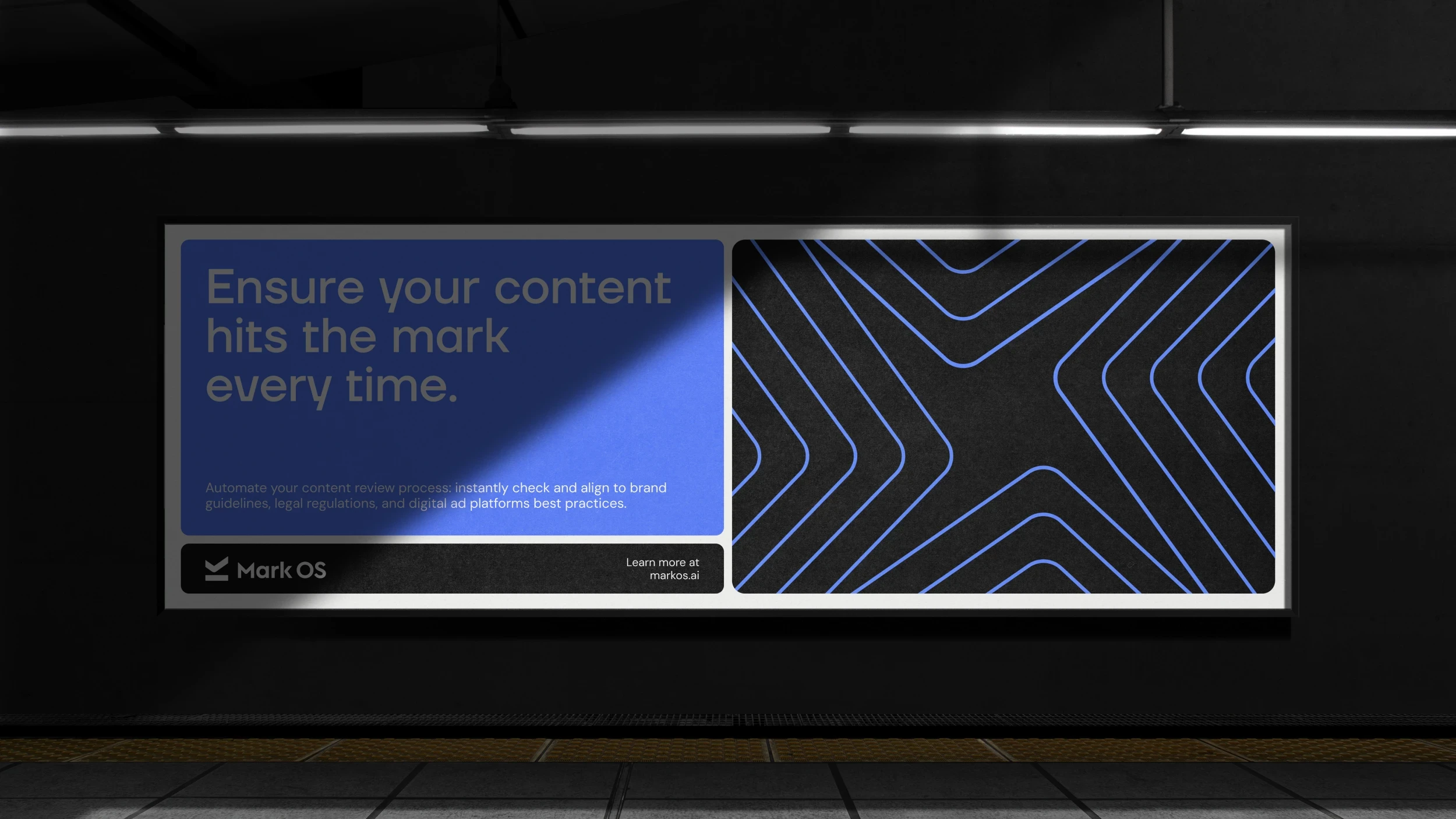 A wide Mark OS lightbox in a darkened transit hall: a blue headline panel beside a black panel of blue chevron linework
