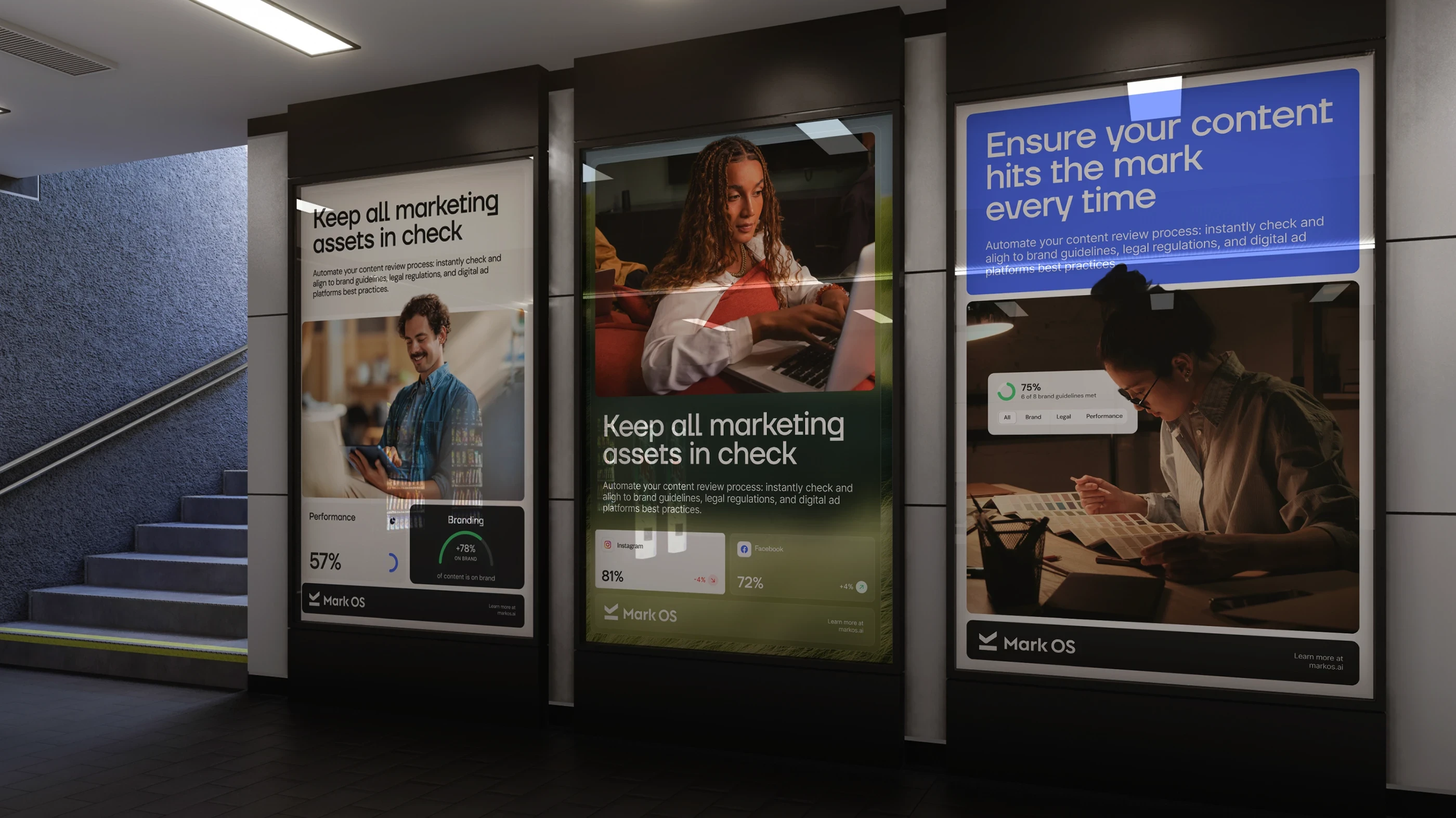 Three backlit Mark OS posters beside a transit stairwell, in white, green and blue treatments