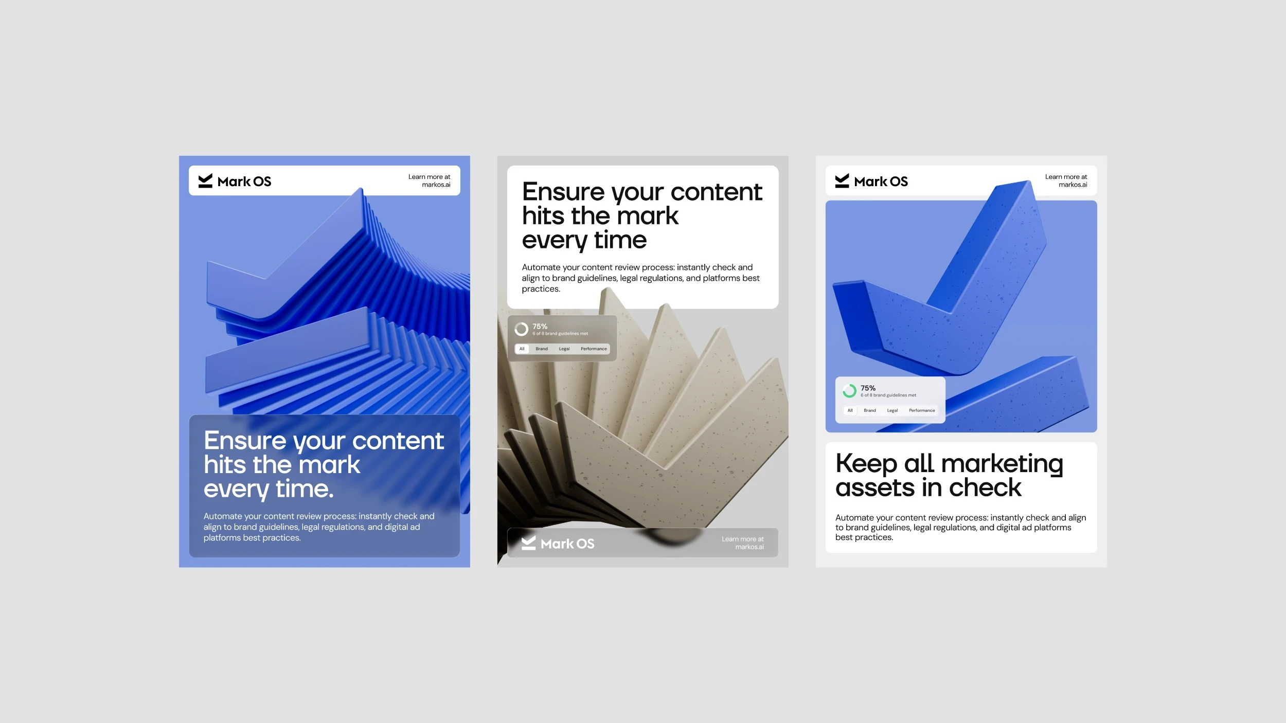 Three Mark OS posters side by side — blue, stone, and white — each rearranging the same headline panel, image block, and logo bar