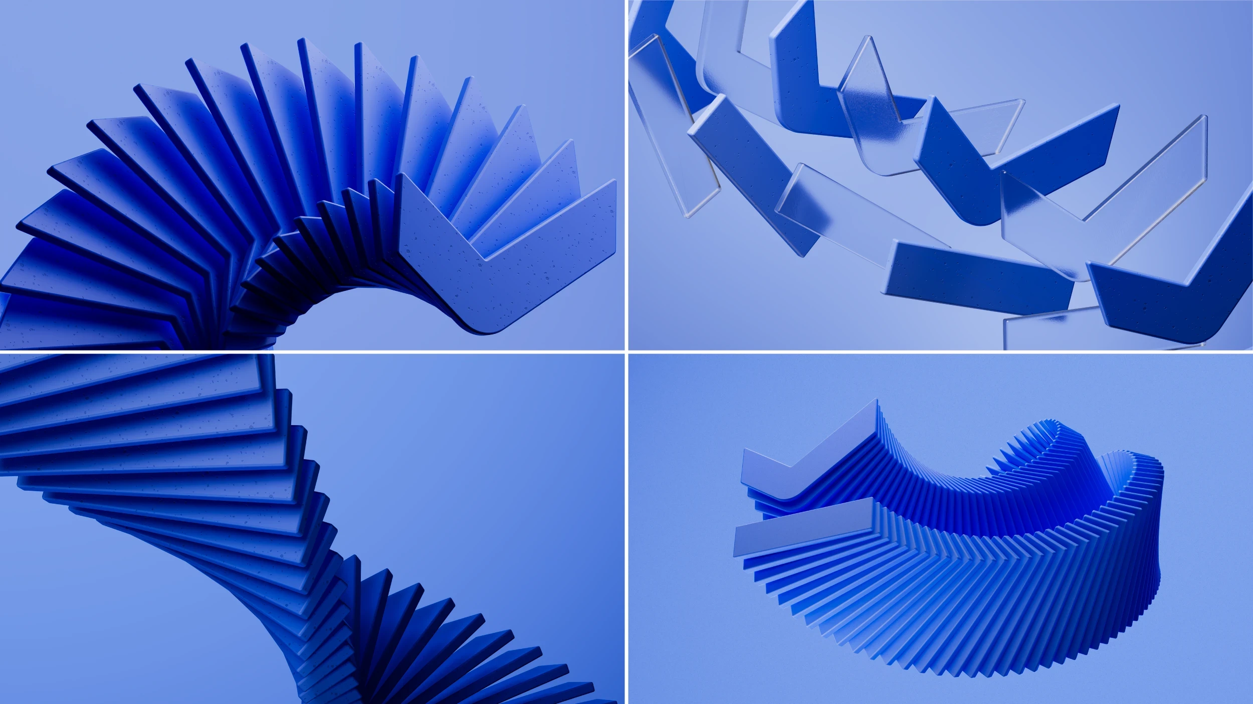 Four renders of the Mark OS logomark as a sculpted blue object — fanned in an arc, scattered in mid-air, spiralling, and swept into a dense curve
