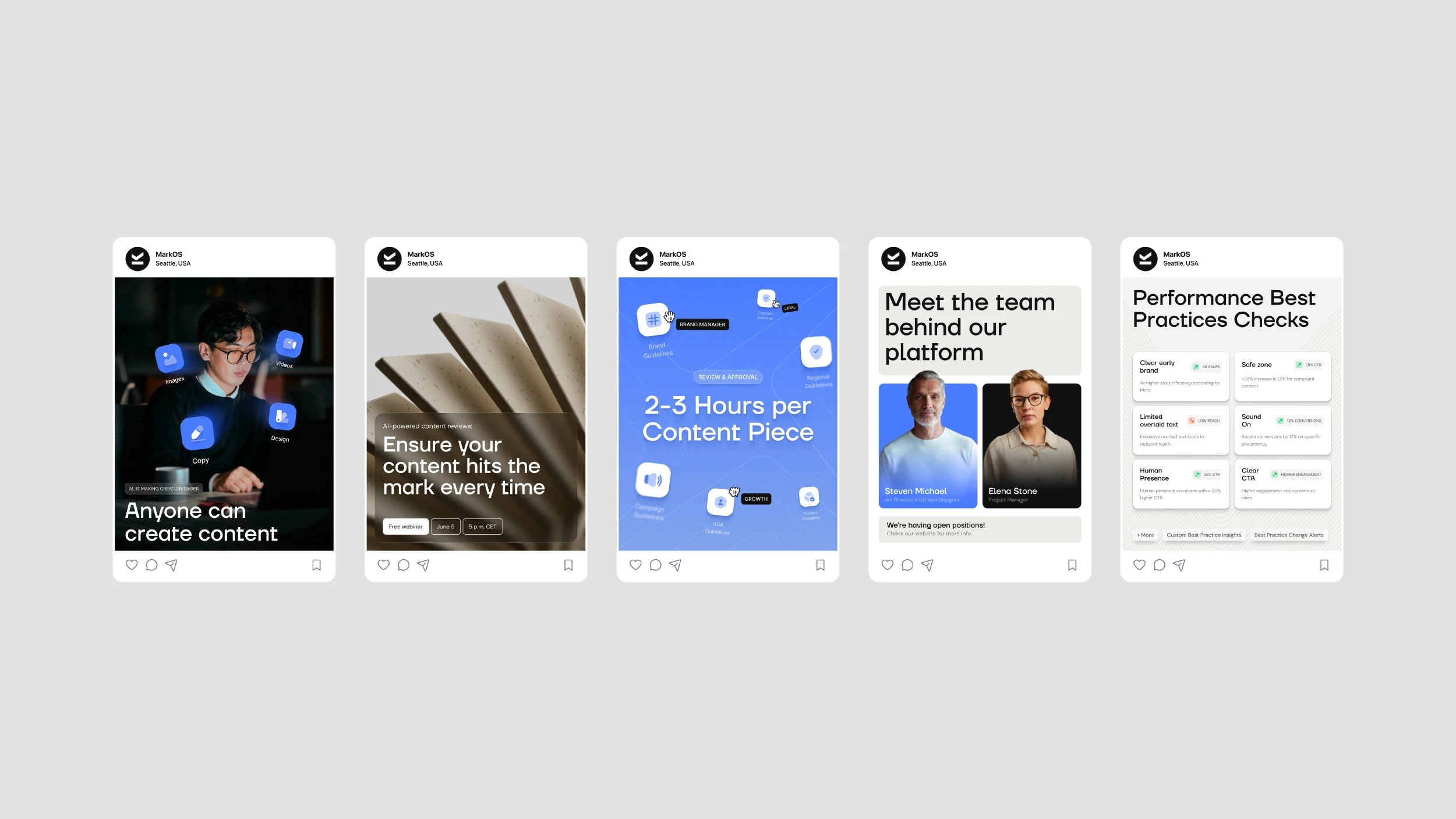 Five Mark OS social posts: an AI-content explainer, a webinar promotion, a time-per-content-piece stat, a team introduction, and a performance best-practice checklist