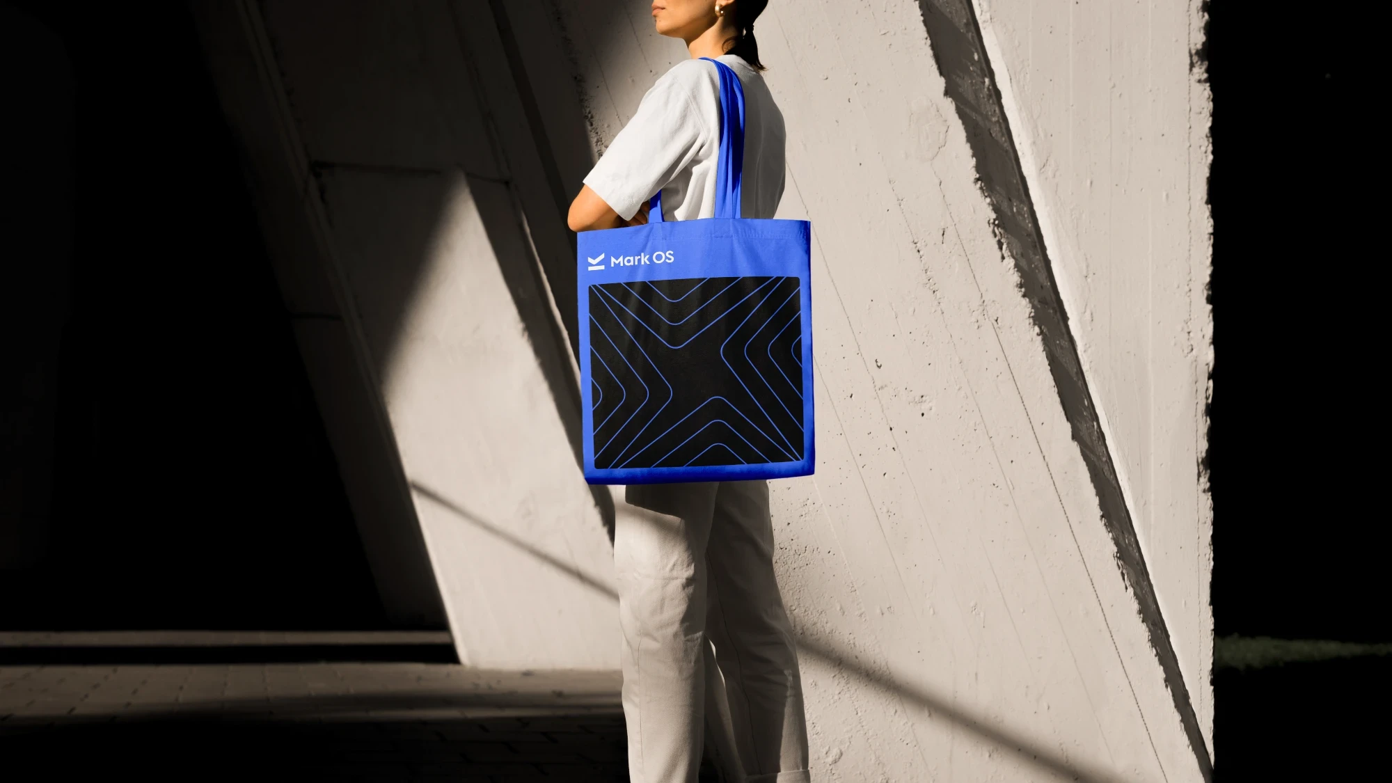 A blue Mark OS tote bag carried in hard sunlight, its black panel printed with the chevron pattern