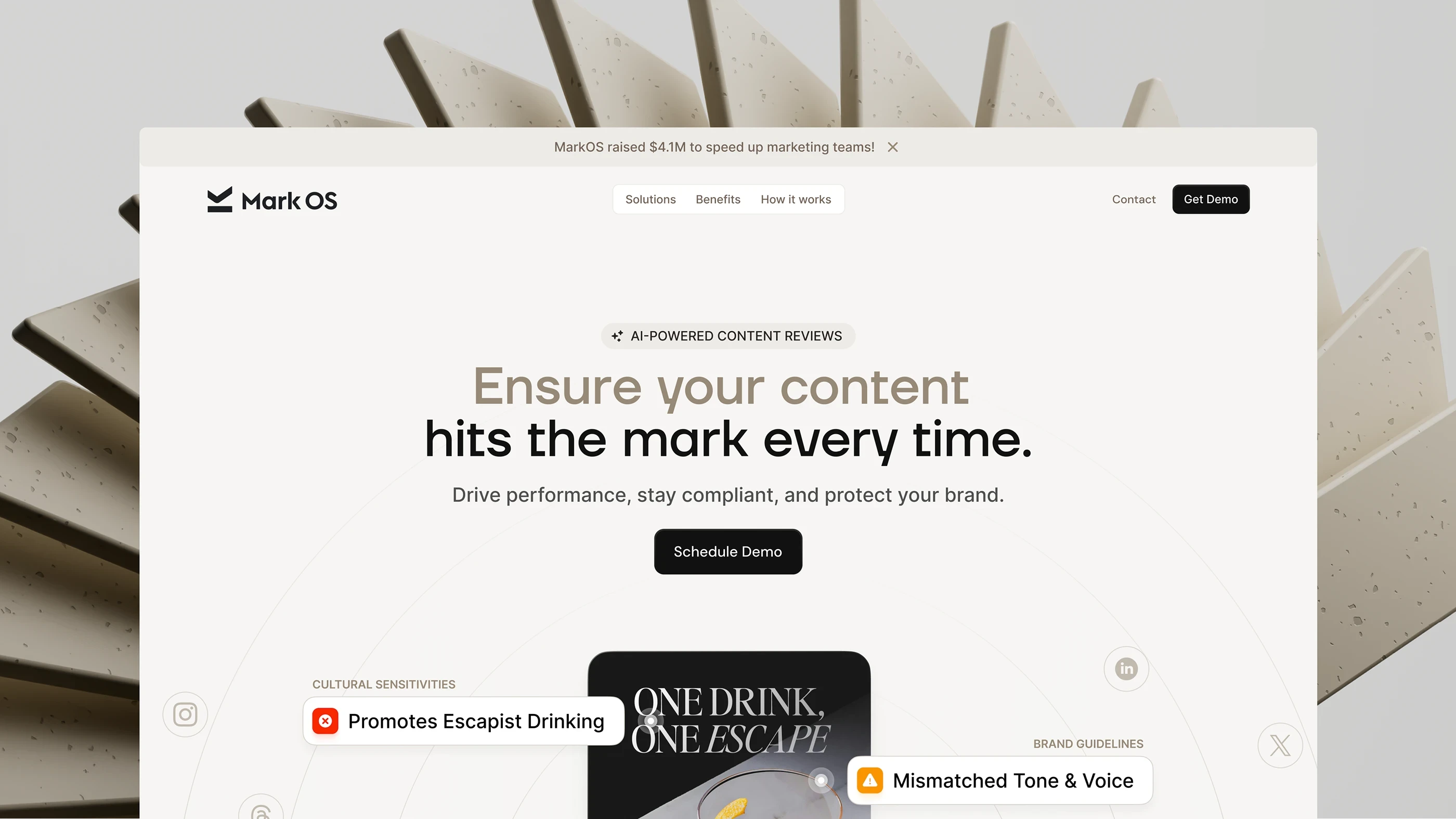 The Mark OS homepage in light mode: “Ensure your content hits the mark every time”, with cultural-sensitivity and brand-guideline flags appearing around a drinks ad