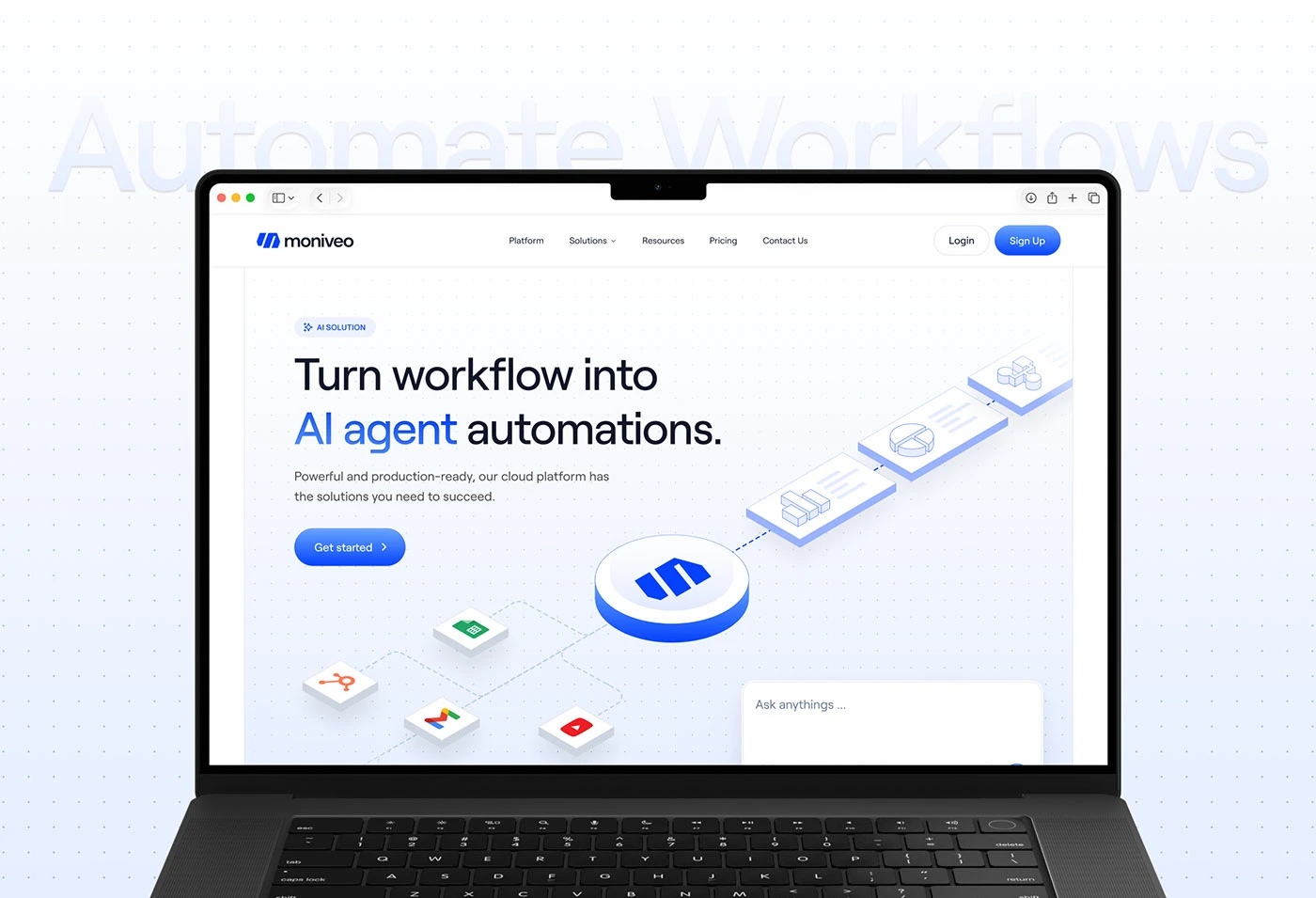 The Moniveo homepage on a laptop: “Turn workflow into AI agent automations”, with an isometric diagram of connected apps feeding a central platform