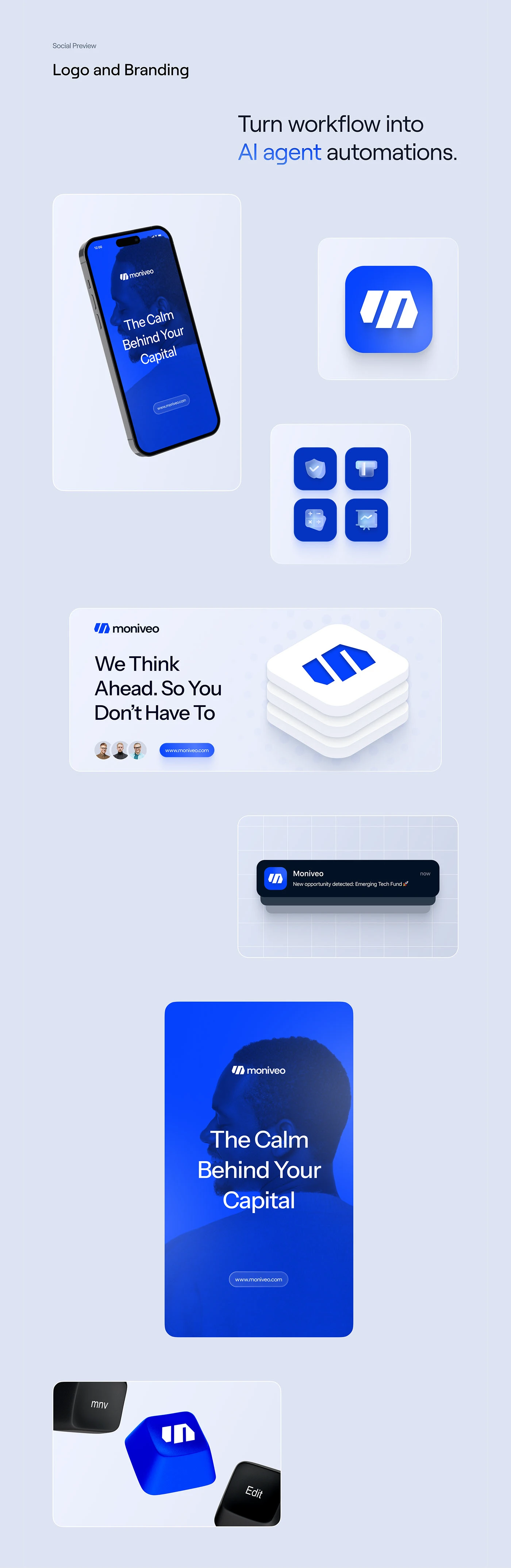 Moniveo logo and branding applications: the app icon, a phone splash, an icon set, a social preview card, a notification toast, a portrait social post, and the mark on a keyboard keycap