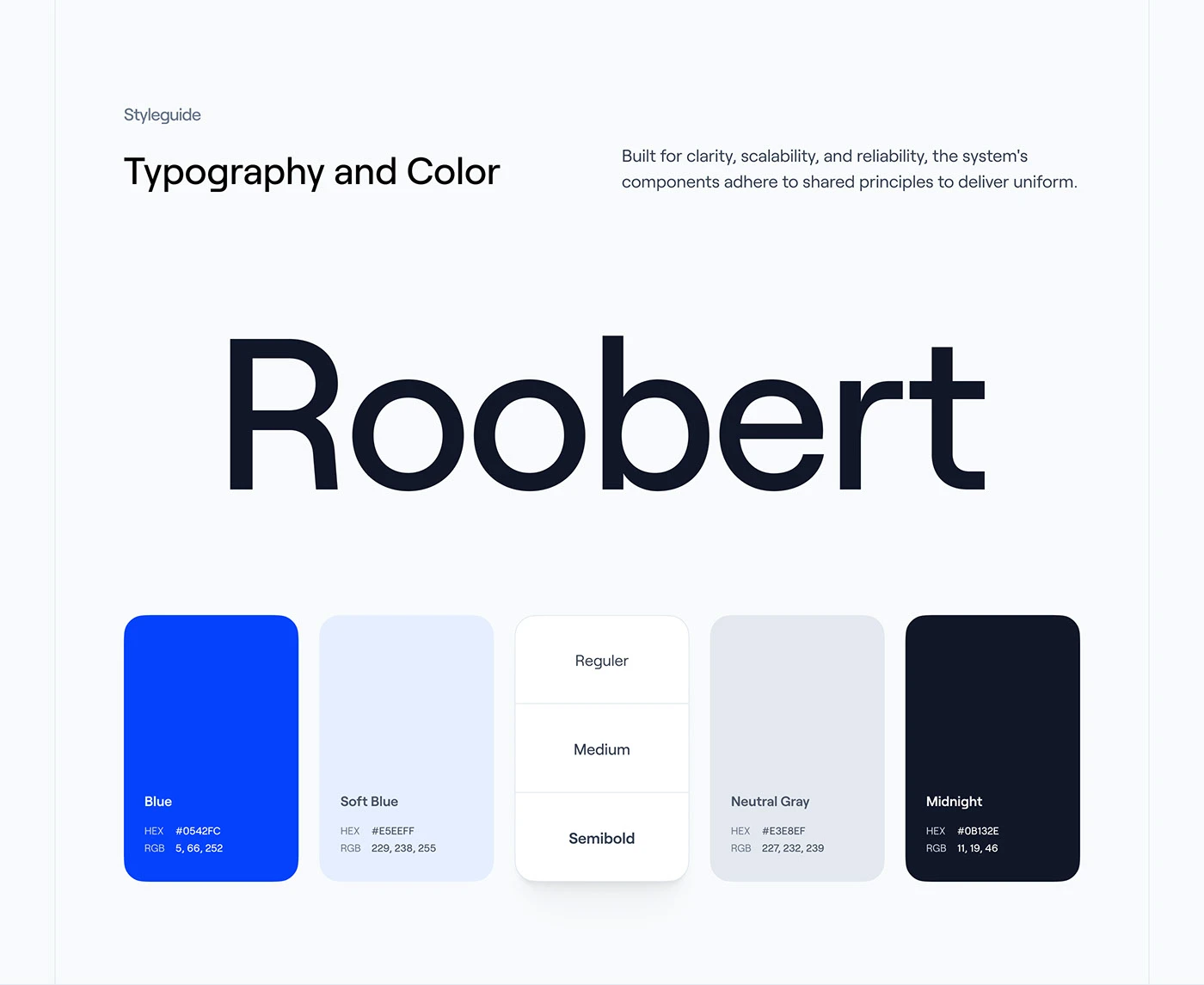 The Moniveo styleguide: Roobert set at display size, with the blue, soft blue, neutral gray and midnight swatches and their regular, medium and semibold weights