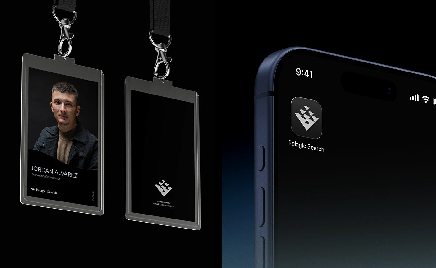 Two Pelagic Search event badges on lanyards — one carrying a portrait ID, one the symbol on black — beside the brand’s app icon on a navy phone home screen