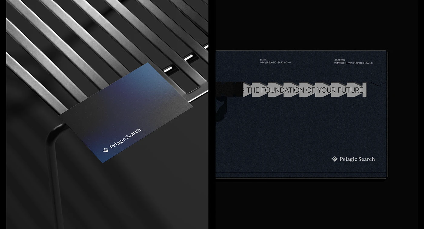 A Pelagic Search business card with a navy-to-blue gradient face resting on a metal grille, beside a dark navy notecard carrying the campaign line and contact details
