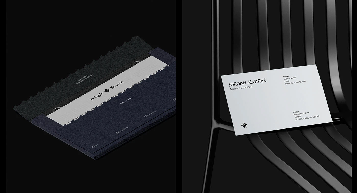 The Pelagic Search document folder and letterhead in navy and charcoal, and a white business card for Jordan Alvarez propped on a black slatted chair