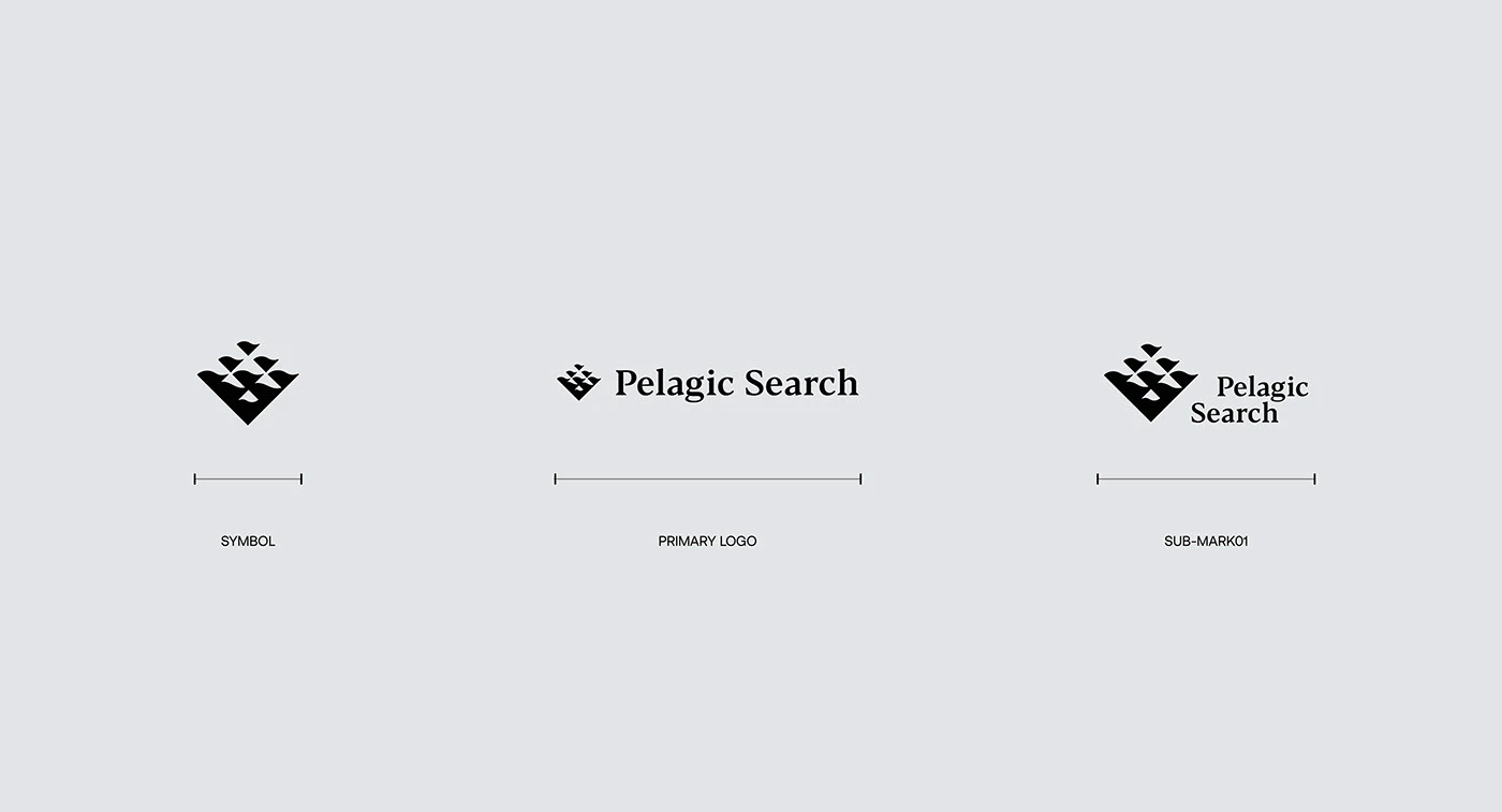 The three approved Pelagic Search lockups on mist gray: the symbol on its own, the primary horizontal logo, and the stacked sub-mark, each with its width rule marked