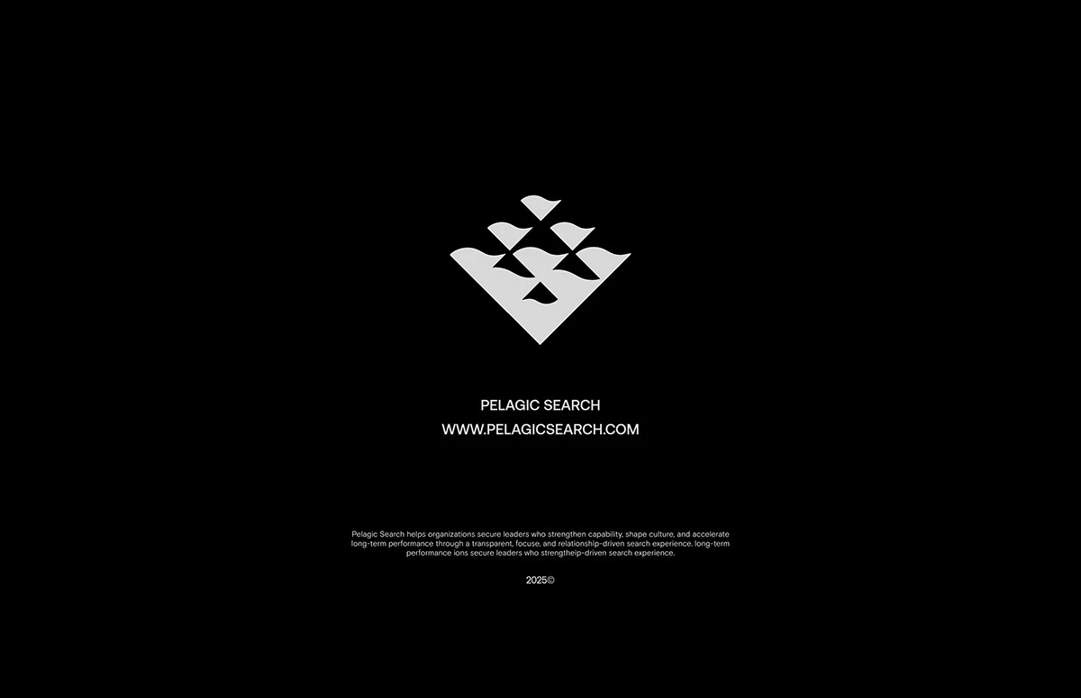 The Pelagic Search symbol in white, centred on black above the wordmark and the pelagicsearch.com address