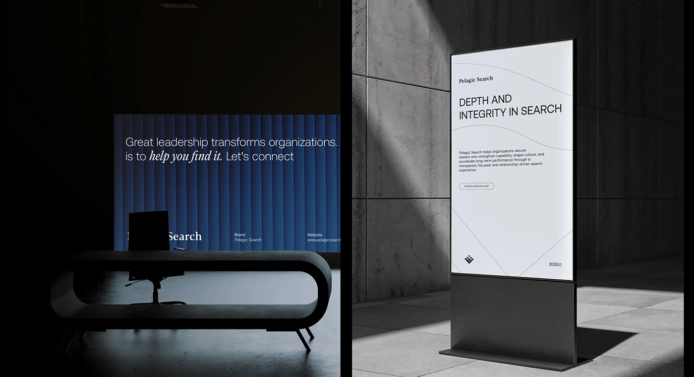 A blue fluted office wall reading “Great leadership transforms organizations — is to help you find it. Let’s connect”, beside a white lobby kiosk headed “Depth and Integrity in Search”