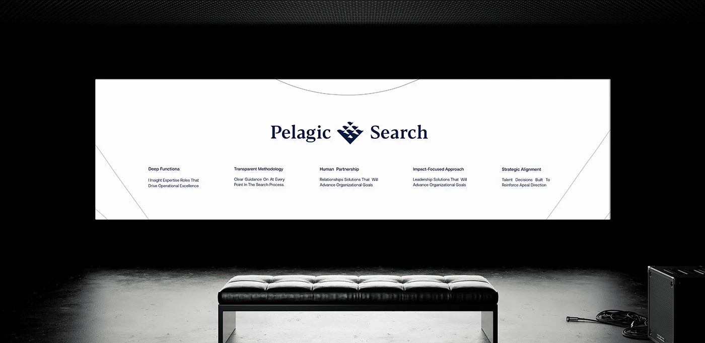 A white banner in a dark studio splitting the wordmark around the symbol, with the five service pillars beneath: deep functional insight, transparent methodology, human partnership, impact-focused approach, and strategic alignment