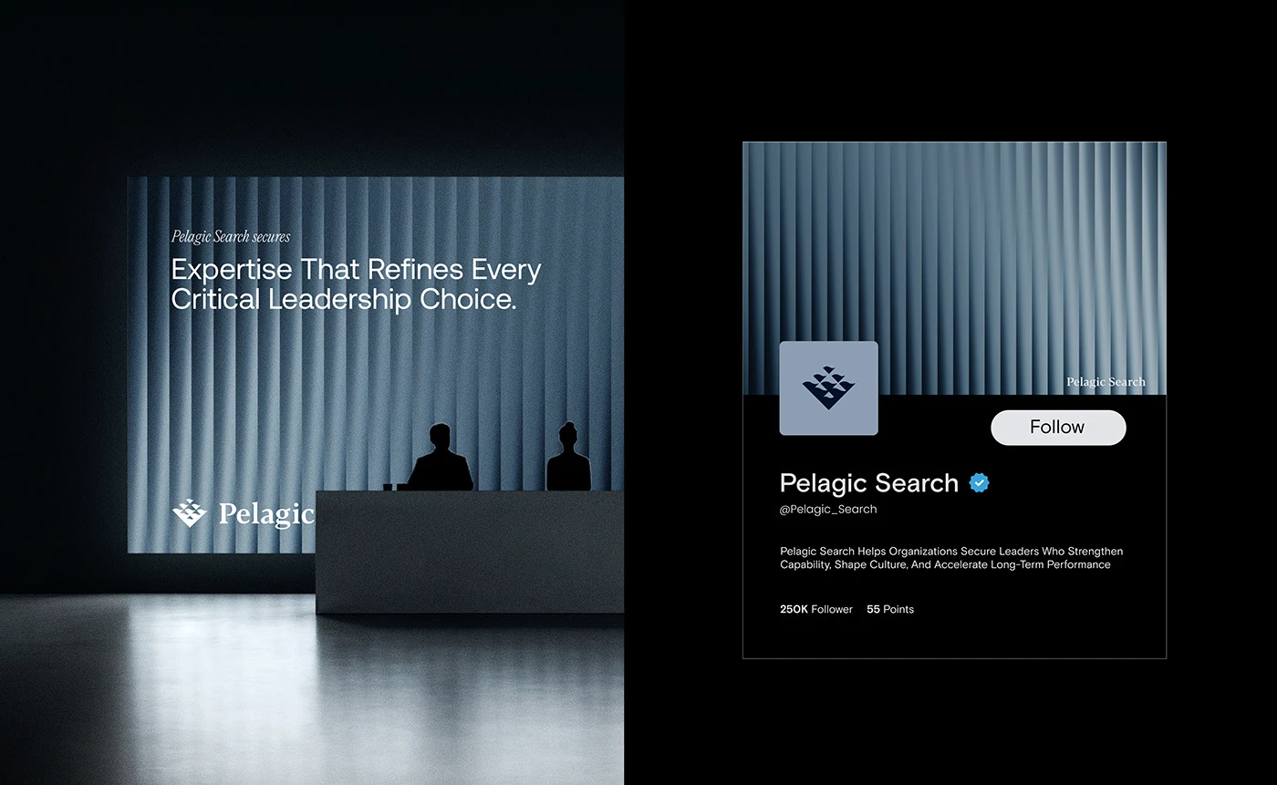 A darkened reception with a fluted blue panel reading “Expertise That Refines Every Critical Leadership Choice”, beside the Pelagic Search social profile card with its symbol avatar