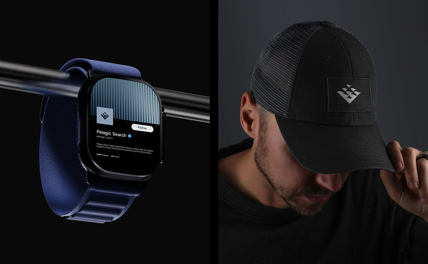 The Pelagic Search profile on a smartwatch with a navy band, beside the symbol embroidered on the front panel of a black cap