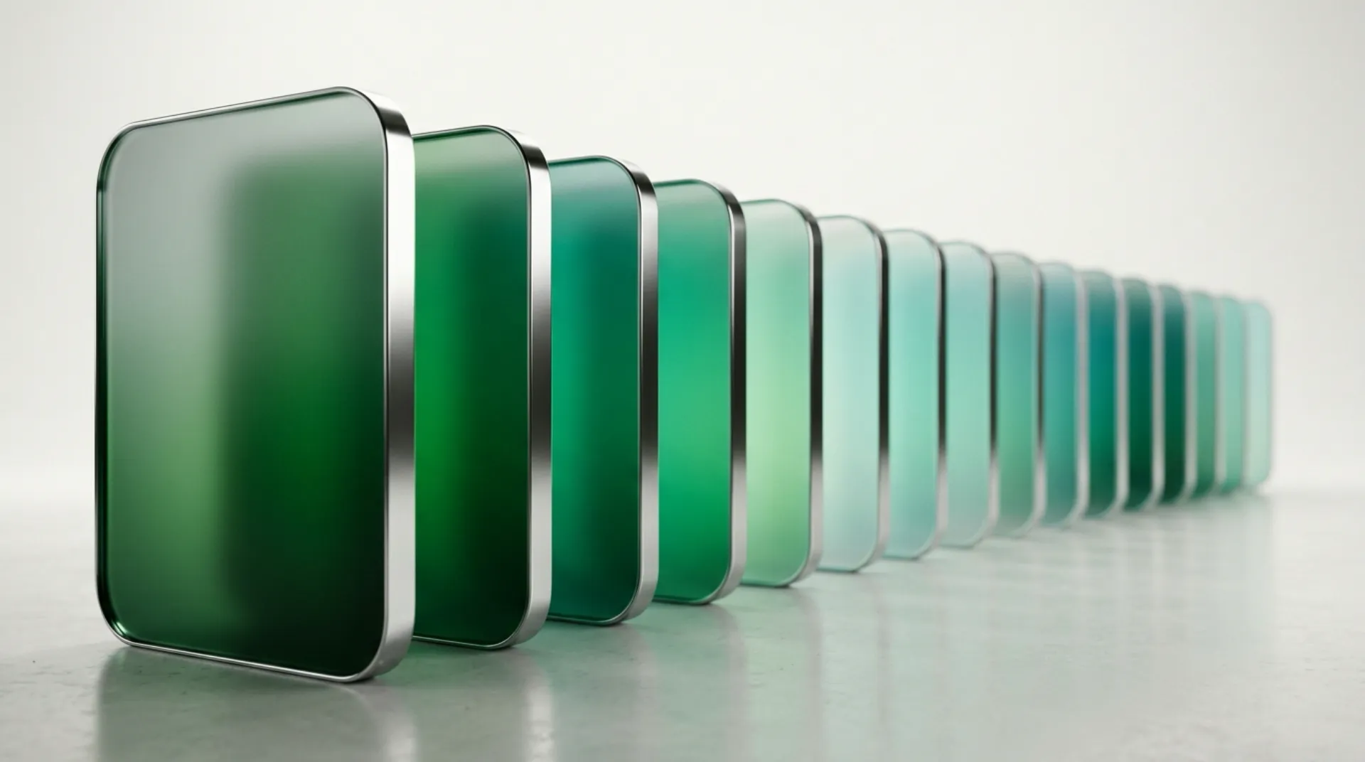 A row of green glass panels standing upright and receding into the distance