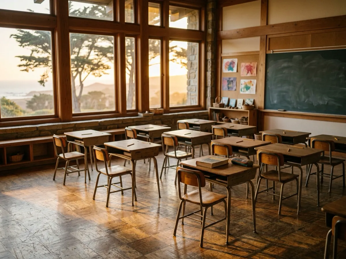 An empty elementary classroom at golden hour, rows of small wooden desks and chairs standing unused, low sunlight falling across the floor and a chalkboard on the far wall.