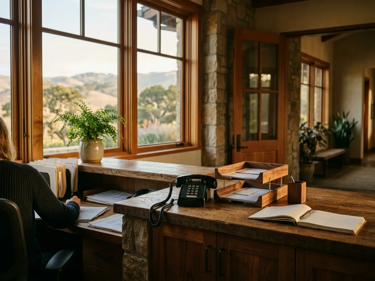A school front-office counter in warm morning light: a telephone, stacked wooden paper trays and an open logbook, with a staff member working at a desk to one side.