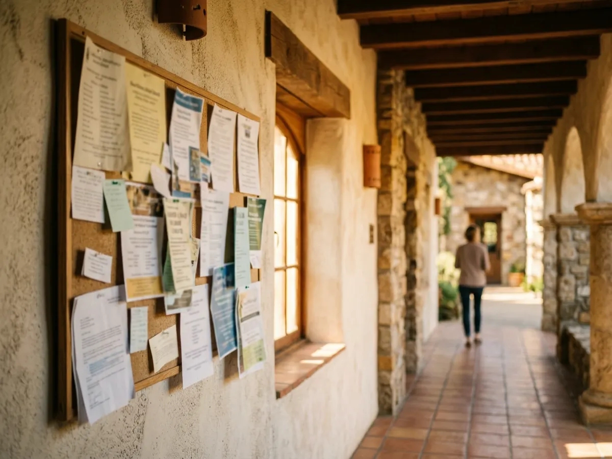 A cork noticeboard on a school corridor wall layered with dozens of overlapping paper notices, a tiled arcade stretching away behind it and a figure walking toward the far door.