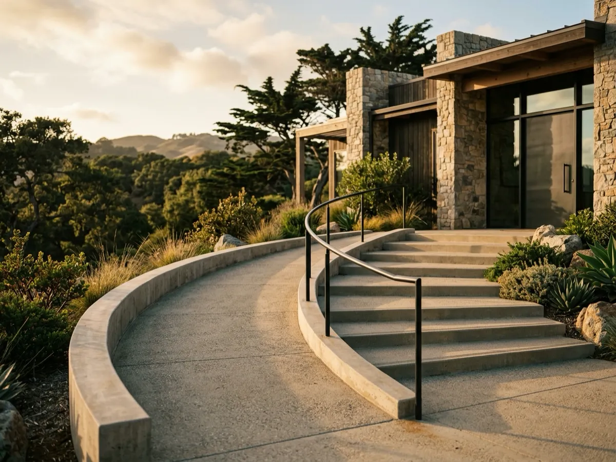 A gently sloped concrete accessibility ramp curving alongside a flight of entrance steps, a steel handrail following the curve, leading to the doors of a stone-and-timber school building.