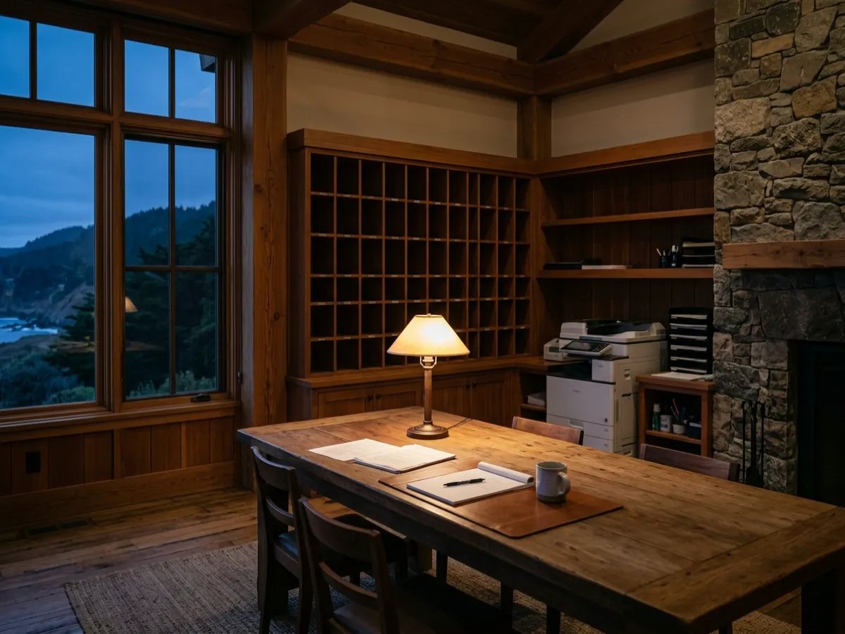 A school staff workroom after hours at dusk: a wall of wooden mail cubbies, a copier along the far wall and a single lit desk lamp on a long worktable scattered with papers.
