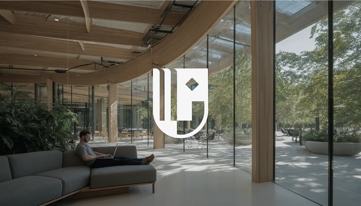 A timber-framed campus building interior with the institute monogram overlaid, looking through full-height glass onto a planted courtyard.