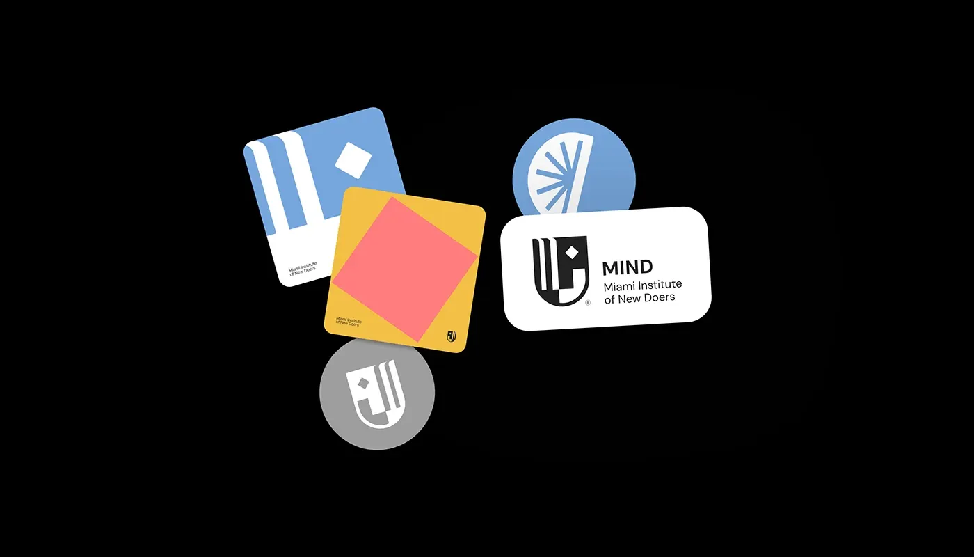 Striped and colour-blocked cards with two circular badges against black.