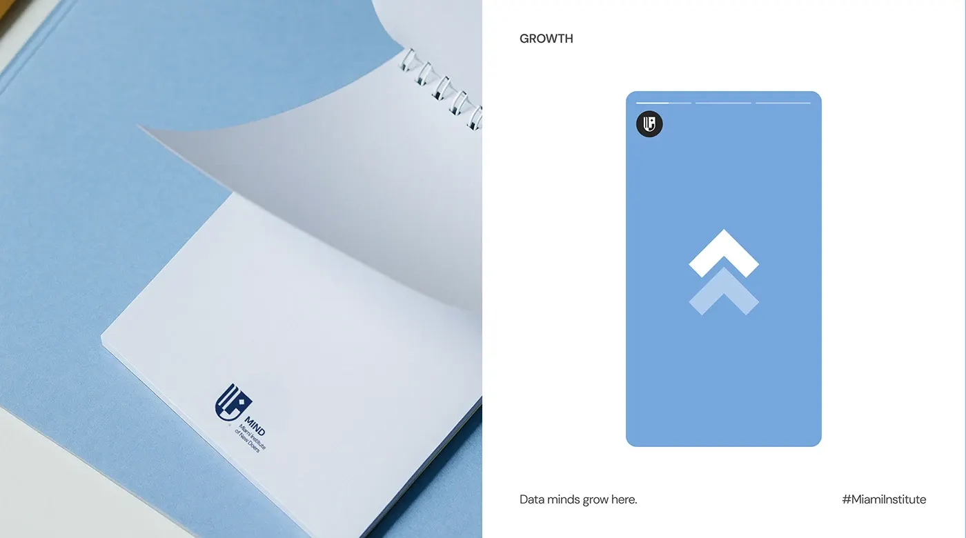 A pale-blue notebook cover beside a white campaign panel headed Growth.