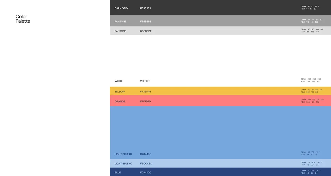 A colour palette specification sheet with labelled swatch bands and print values.