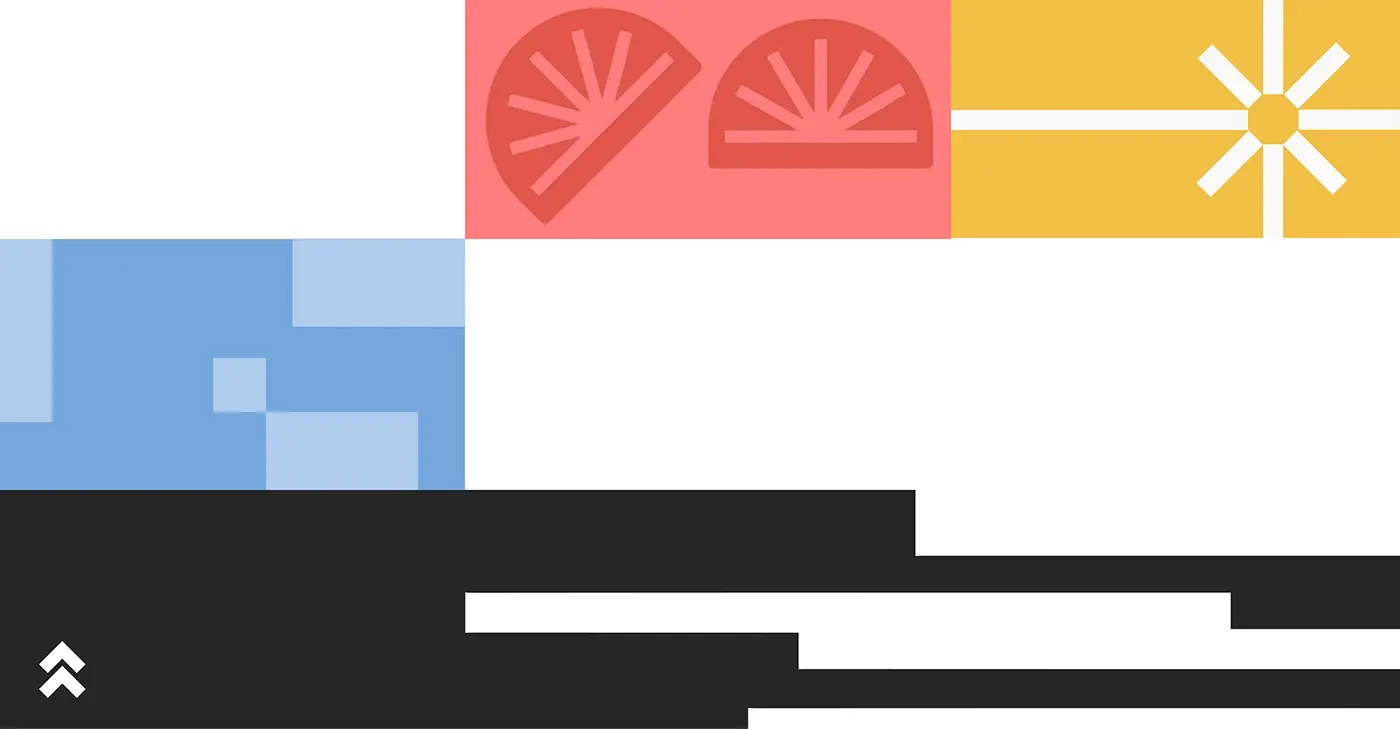A flat plate of the identity supporting shapes — fans, a starburst and stepped blocks.