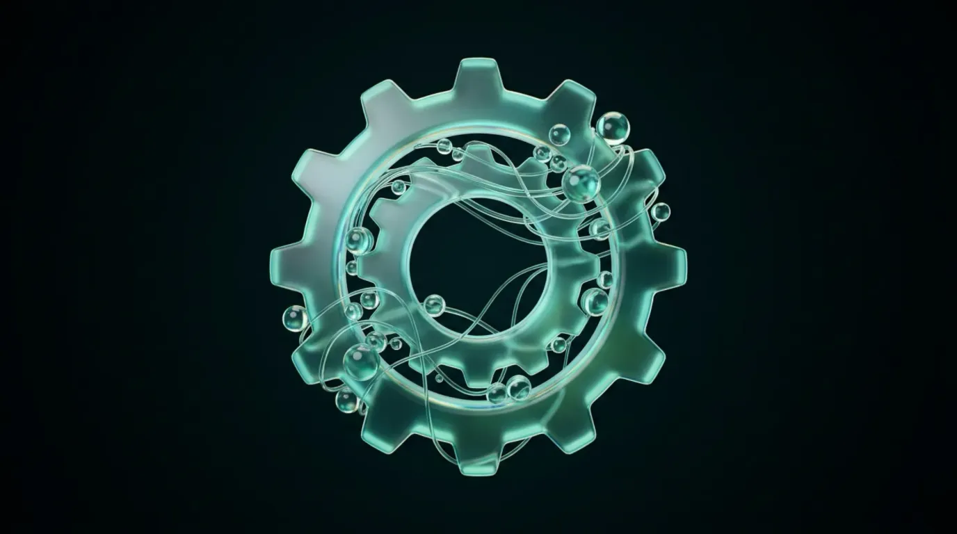 Abstract glass artwork: translucent green and amber forms arranged as a chain of linked panels, each one feeding into the next, suggesting an automated workflow
