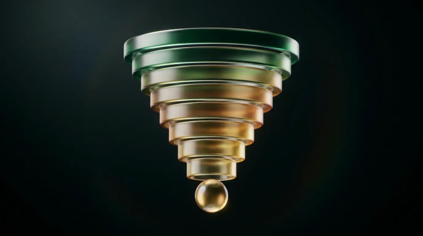 A funnel sculpted from stacked glass rings narrowing to a single glass orb