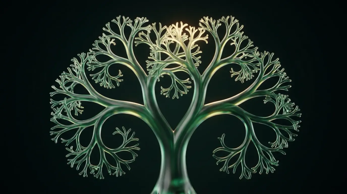 Abstract fractal-glass sculpture: a single emerald glass trunk branching recursively into ever-smaller self-similar limbs, gold light gathering in the finest tips