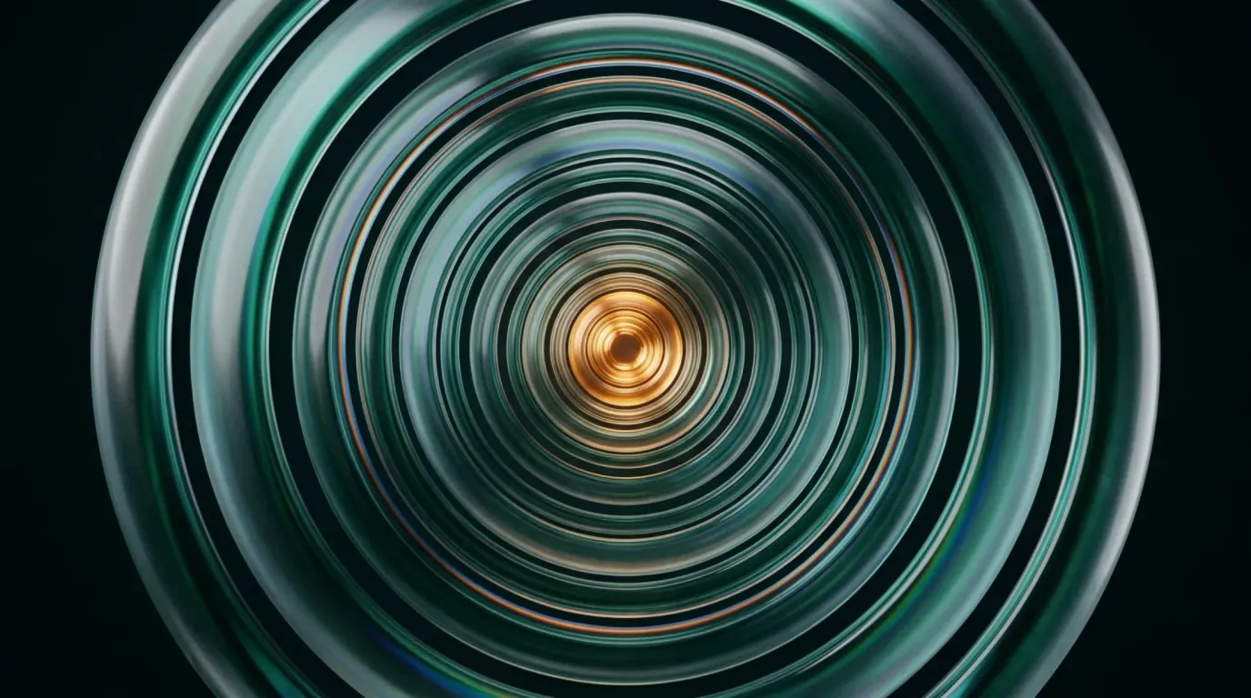 Abstract liquid-glass sculpture: concentric emerald and teal glass rings nested inward against deep black, resolving to a single bright amber core