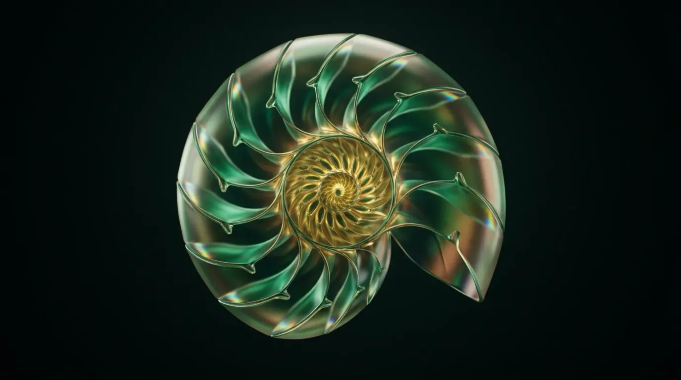 Abstract fractal-glass sculpture: a golden-spiral shell of translucent emerald glass chambers coiling outward in self-similar proportion around a gold core
