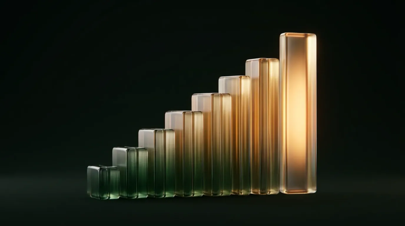 Abstract glass artwork: a row of fluted glass slats ascending like a bar chart, grading from deep forest green into warm amber and gold, the tallest slat glowing