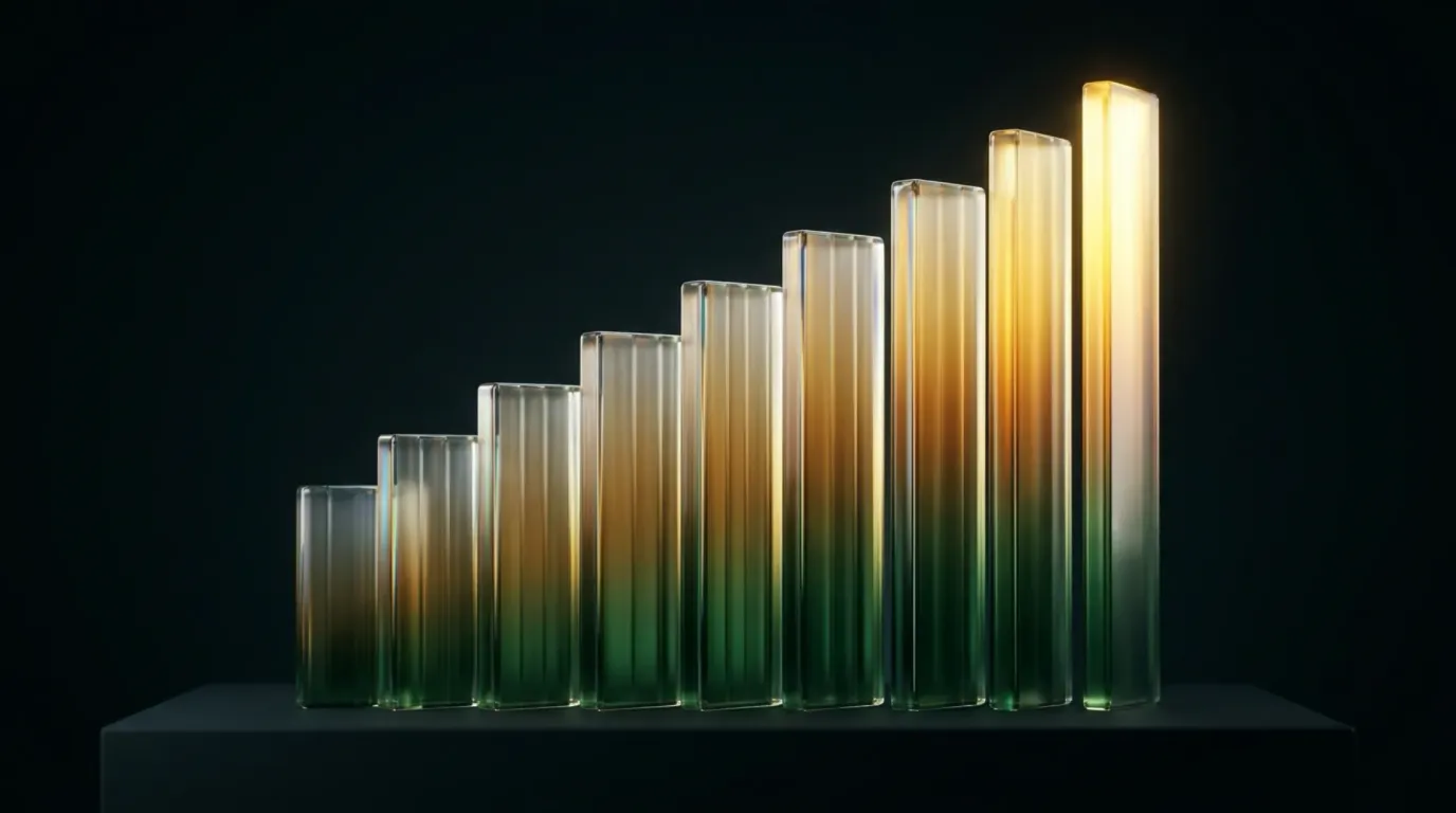 Abstract liquid-glass render: a rising row of fluted glass columns graduating from deep green at the base to glowing gold at the tallest, on a near-black background.