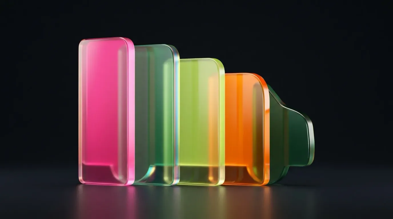 Abstract liquid-glass render: five stepped translucent panels in pink, green, lime and orange on a near-black background.