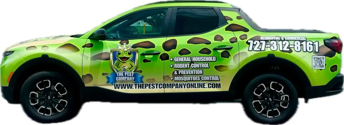 Lime-green Pest Company pickup wrapped in frog spots, with a crowned frog emblem, three services and a large phone number