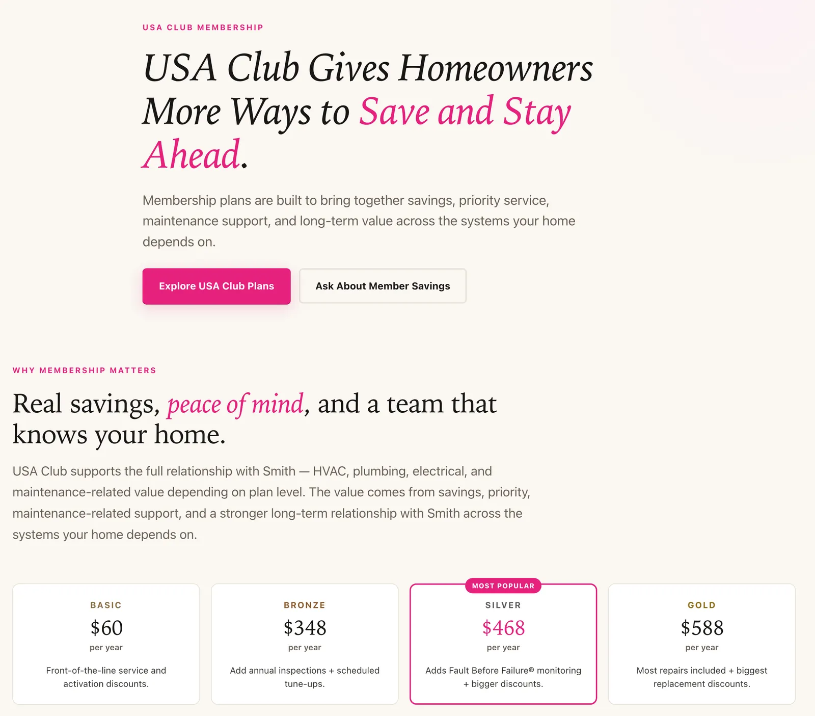 Smith Total Home USA Club page showing four yearly plans: Basic $60, Bronze $348, Silver $468 and Gold $588